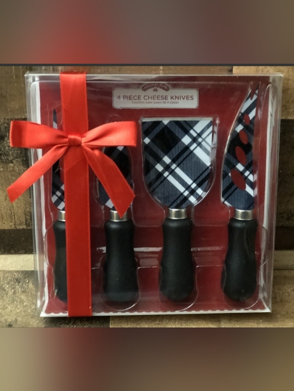 Holiday Time Black and White Plaid 4-Piece Cheese Knife Set